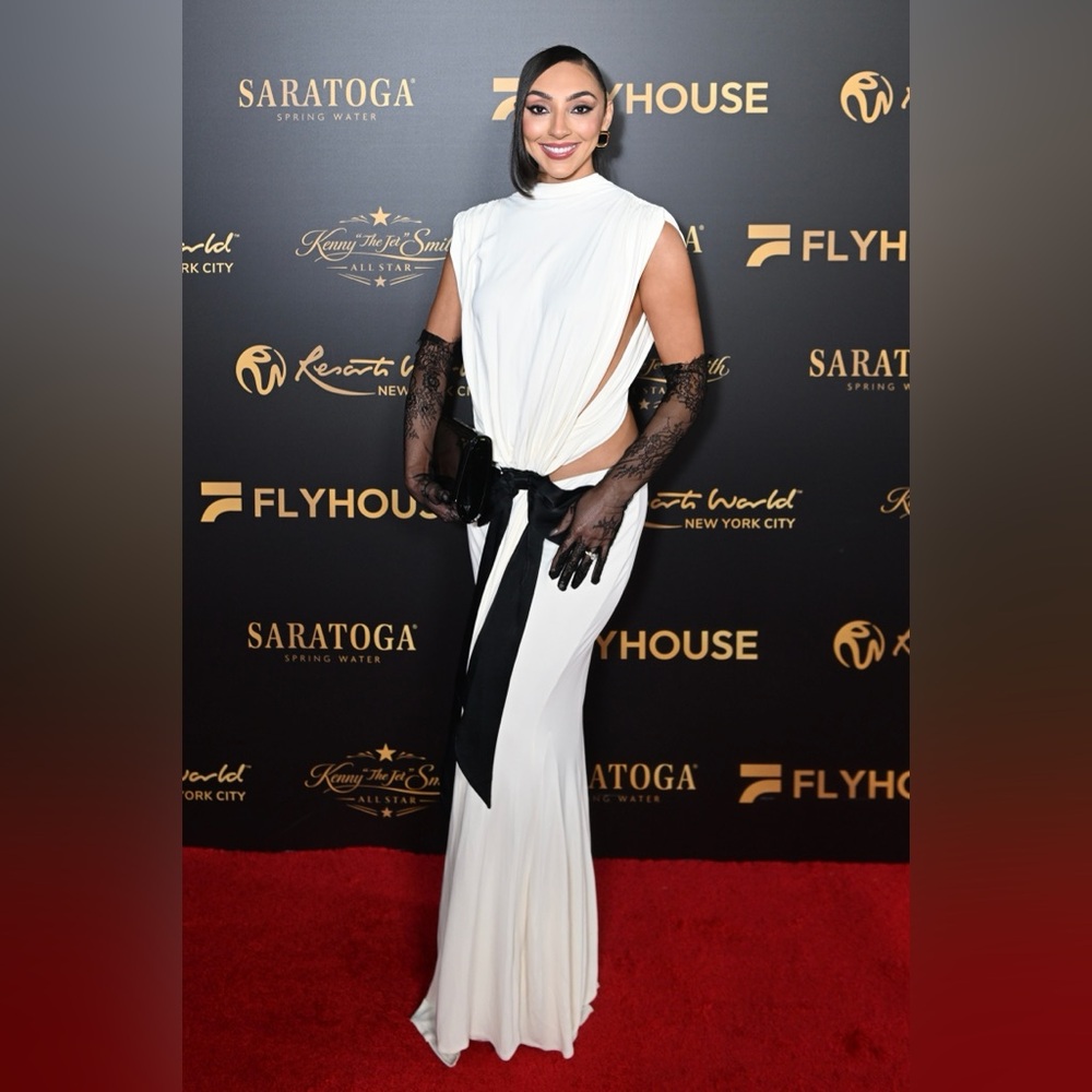 White Open-Back Evening Gown w/ Black Bow